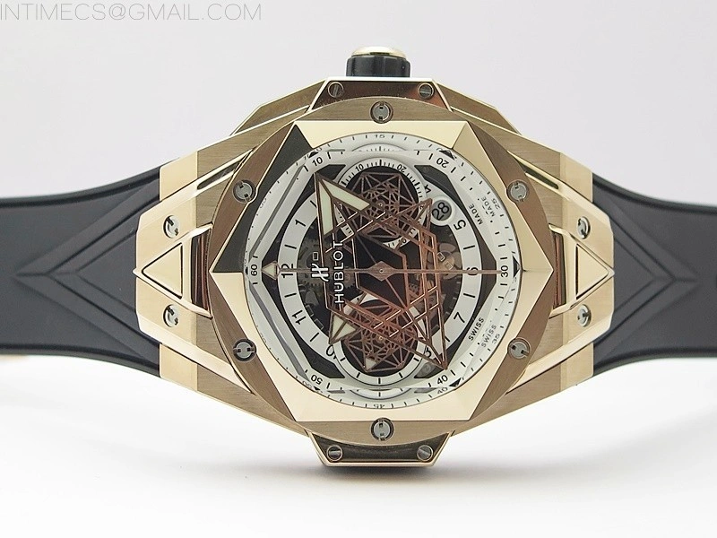 Big Bang Sang Bleu chrono RG B50 White Skeletonal Dial On Black Gummy Strap Asian 7750