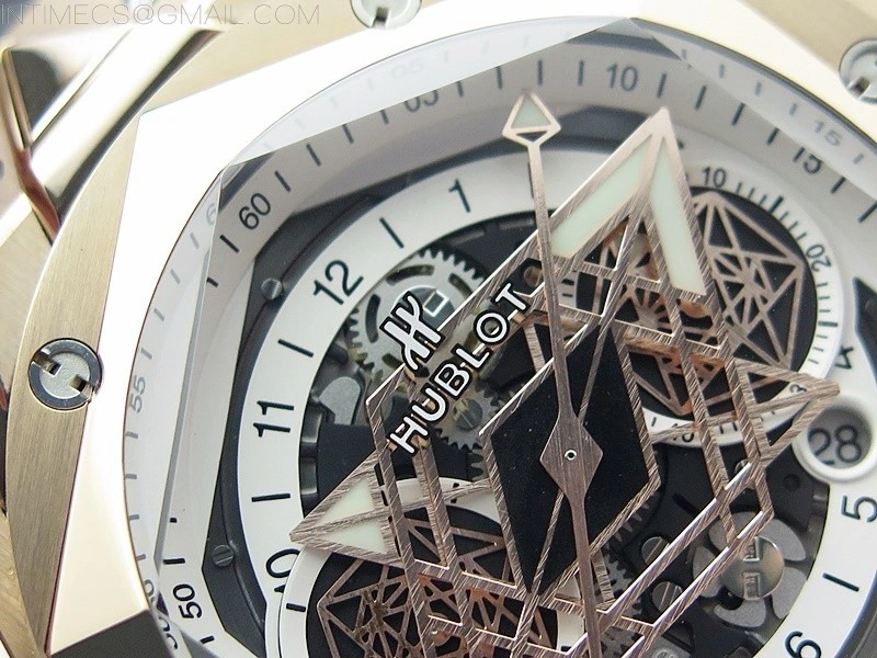 Big Bang Sang Bleu chrono RG B50 White Skeletonal Dial On Black Gummy Strap Asian 7750