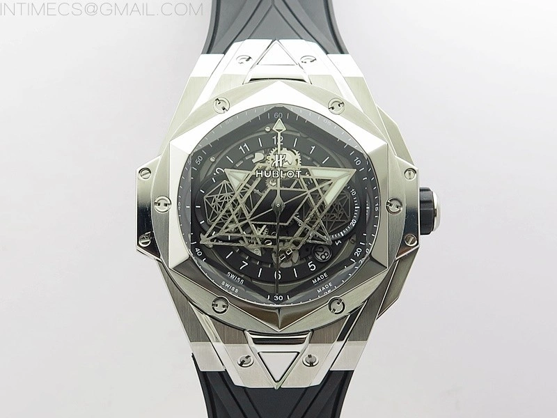 Big Bang Sang Bleu chrono SS B50 Black Skeletonal Dial On Black Gummy Strap Asian 7750