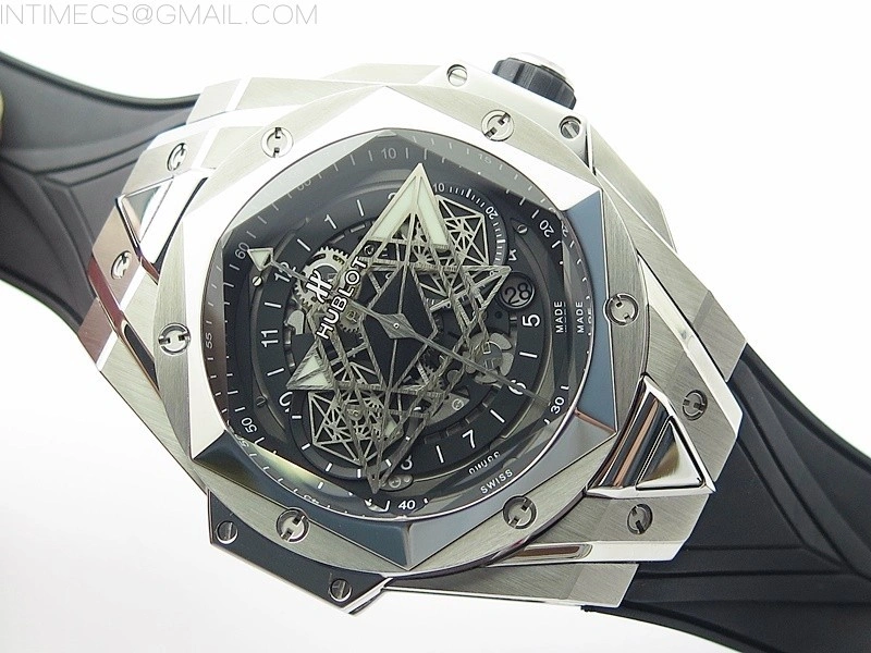 Big Bang Sang Bleu chrono SS B50 Black Skeletonal Dial On Black Gummy Strap Asian 7750