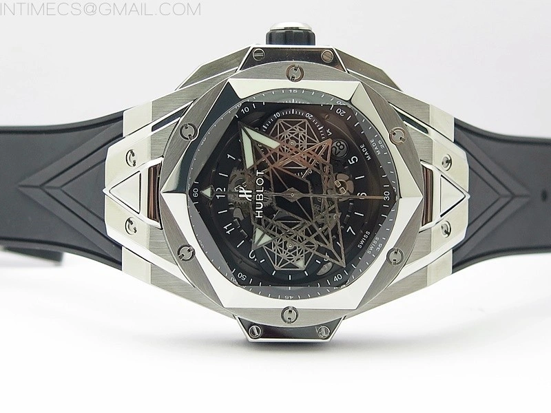 Big Bang Sang Bleu chrono SS B50 Black Skeletonal Dial On Black Gummy Strap Asian 7750