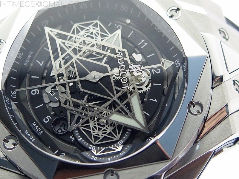 Big Bang Sang Bleu chrono SS B50 Black Skeletonal Dial On Black Gummy Strap Asian 7750