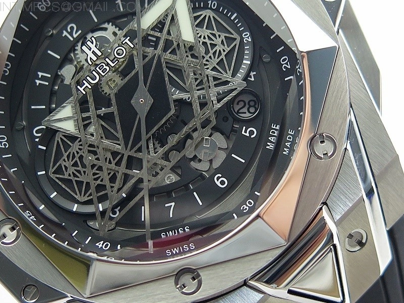 Big Bang Sang Bleu chrono SS B50 Black Skeletonal Dial On Black Gummy Strap Asian 7750