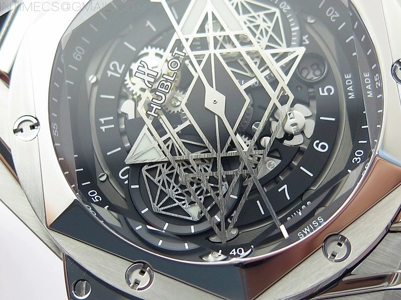 Big Bang Sang Bleu chrono SS B50 Black Skeletonal Dial On Black Gummy Strap Asian 7750
