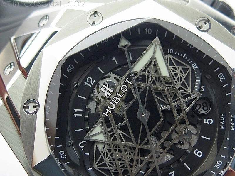 Big Bang Sang Bleu chrono SS B50 Black Skeletonal Dial On Black Gummy Strap Asian 7750