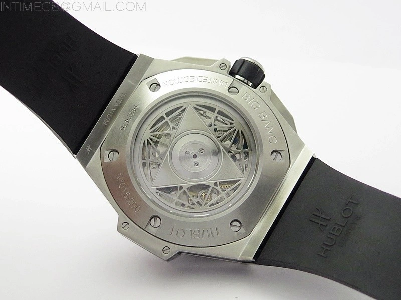 Big Bang Sang Bleu chrono SS B50 Black Skeletonal Dial On Black Gummy Strap Asian 7750