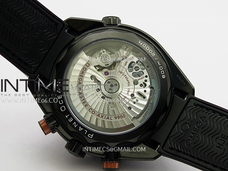 Planet Ocean Master Chronometer Black Orange Ceramic Bezel DLC VRF 1:1 Best Edition Black Dial On Black Rubber Strap A9900