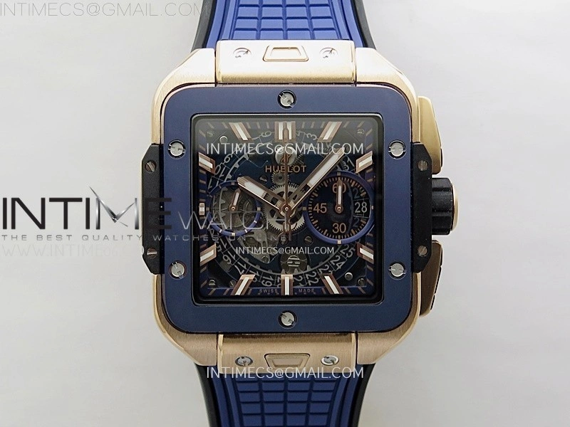 Square Bang Unico 42mm RG Ceramic BBF 1:1 Best Edition Skeleton Dial on Blue Rubber Strap A1280