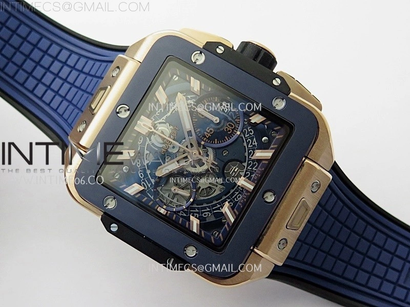 Square Bang Unico 42mm RG Ceramic BBF 1:1 Best Edition Skeleton Dial on Blue Rubber Strap A1280