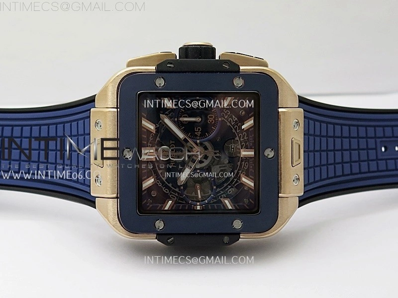 Square Bang Unico 42mm RG Ceramic BBF 1:1 Best Edition Skeleton Dial on Blue Rubber Strap A1280