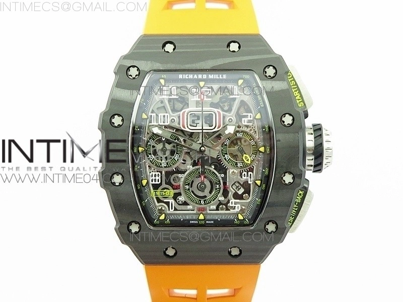 RM011 Carbon Case Chrono KVF 1:1 Best Edition Crystal Skeleton Yellow Dial on Orange Rubber Strap A7750