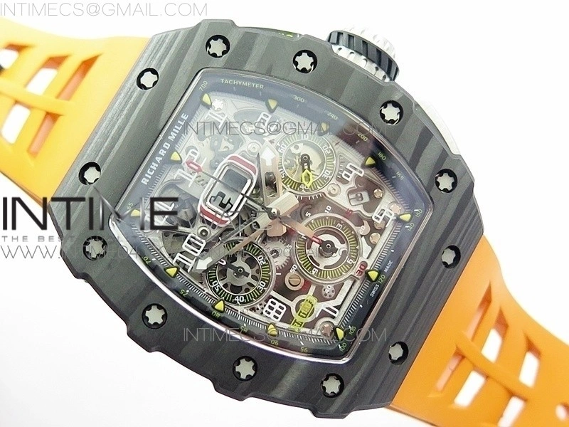 RM011 Carbon Case Chrono KVF 1:1 Best Edition Crystal Skeleton Yellow Dial on Orange Rubber Strap A7750