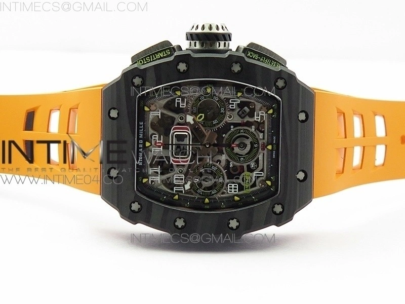 RM011 Carbon Case Chrono KVF 1:1 Best Edition Crystal Skeleton Yellow Dial on Orange Rubber Strap A7750
