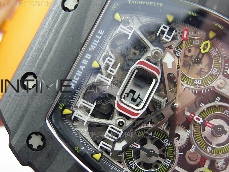 RM011 Carbon Case Chrono KVF 1:1 Best Edition Crystal Skeleton Yellow Dial on Orange Rubber Strap A7750
