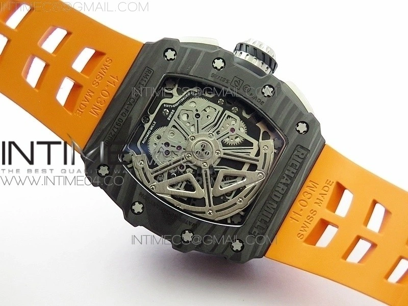 RM011 Carbon Case Chrono KVF 1:1 Best Edition Crystal Skeleton Yellow Dial on Orange Rubber Strap A7750