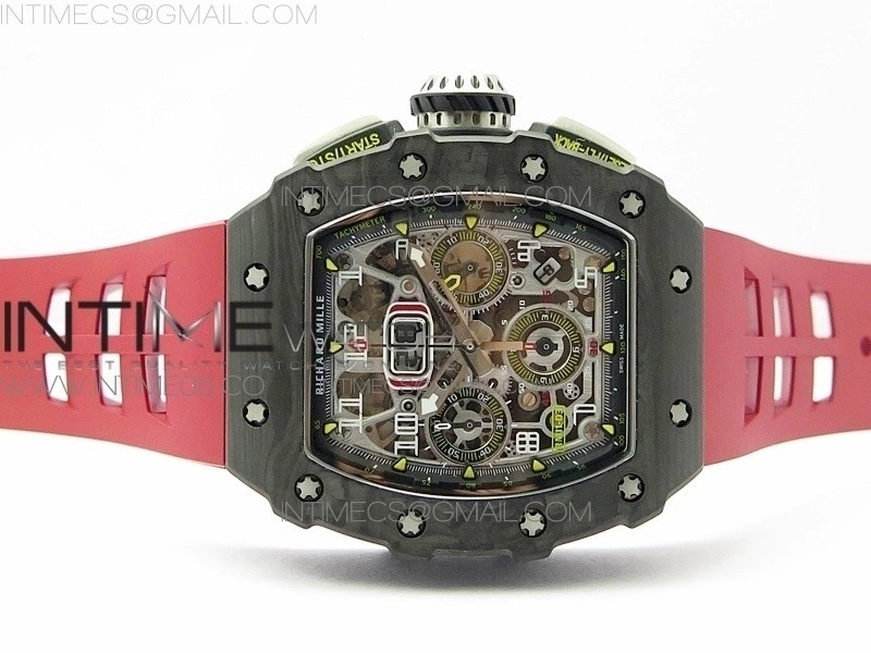 RM011 Carbon Case Chrono KVF 1:1 Best Edition Crystal Skeleton Yellow Dial on Red Rubber Strap A7750 V2