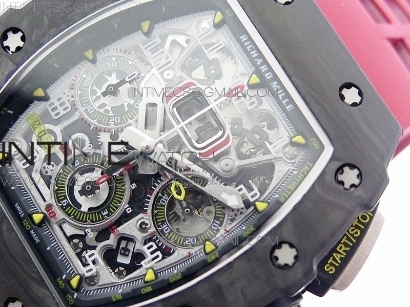 RM011 Carbon Case Chrono KVF 1:1 Best Edition Crystal Skeleton Yellow Dial on Red Rubber Strap A7750 V2