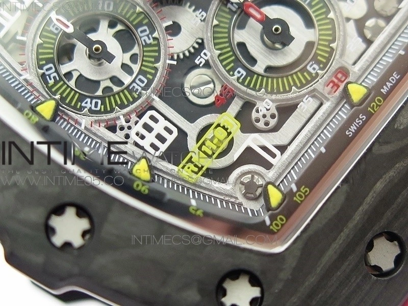 RM011 Carbon Case Chrono KVF 1:1 Best Edition Crystal Skeleton Yellow Dial on Red Rubber Strap A7750 V2