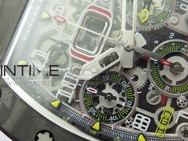 RM011 Carbon Case Chrono KVF 1:1 Best Edition Crystal Skeleton Yellow Dial on Red Rubber Strap A7750 V2