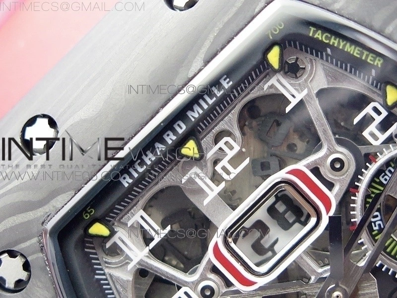 RM011 Carbon Case Chrono KVF 1:1 Best Edition Crystal Skeleton Yellow Dial on Red Rubber Strap A7750 V2