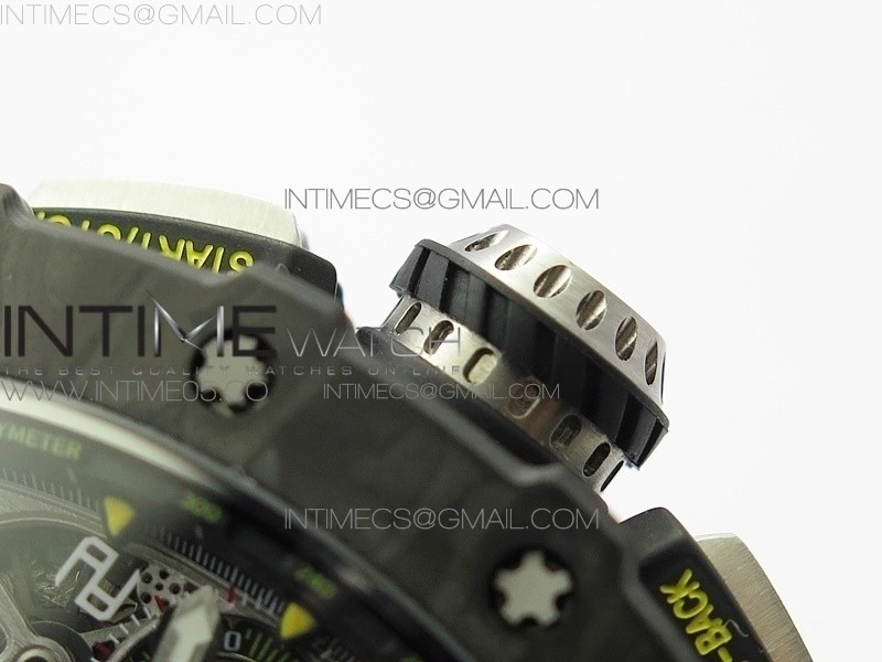 RM011 Carbon Case Chrono KVF 1:1 Best Edition Crystal Skeleton Yellow Dial on Red Rubber Strap A7750 V2