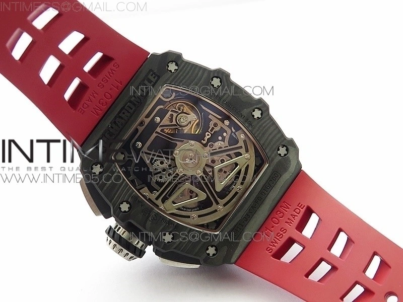 RM011 Carbon Case Chrono KVF 1:1 Best Edition Crystal Skeleton Yellow Dial on Red Rubber Strap A7750 V2
