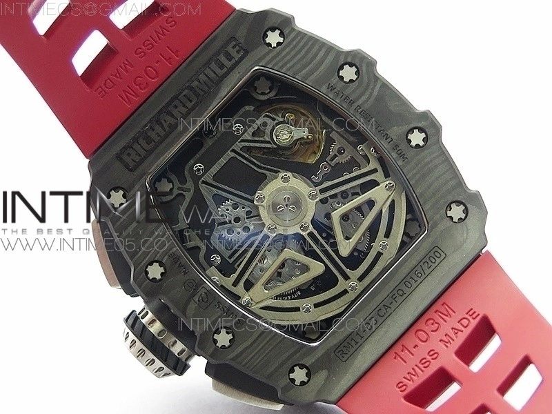 RM011 Carbon Case Chrono KVF 1:1 Best Edition Crystal Skeleton Yellow Dial on Red Rubber Strap A7750 V2