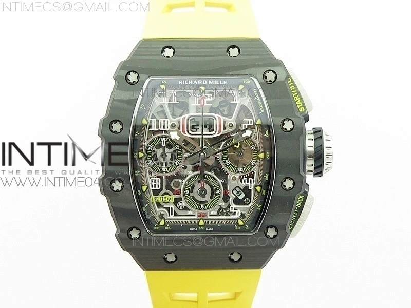 RM011 Carbon Case Chrono KVF 1:1 Best Edition Crystal Skeleton Yellow Dial on Yellow Rubber Strap A7750
