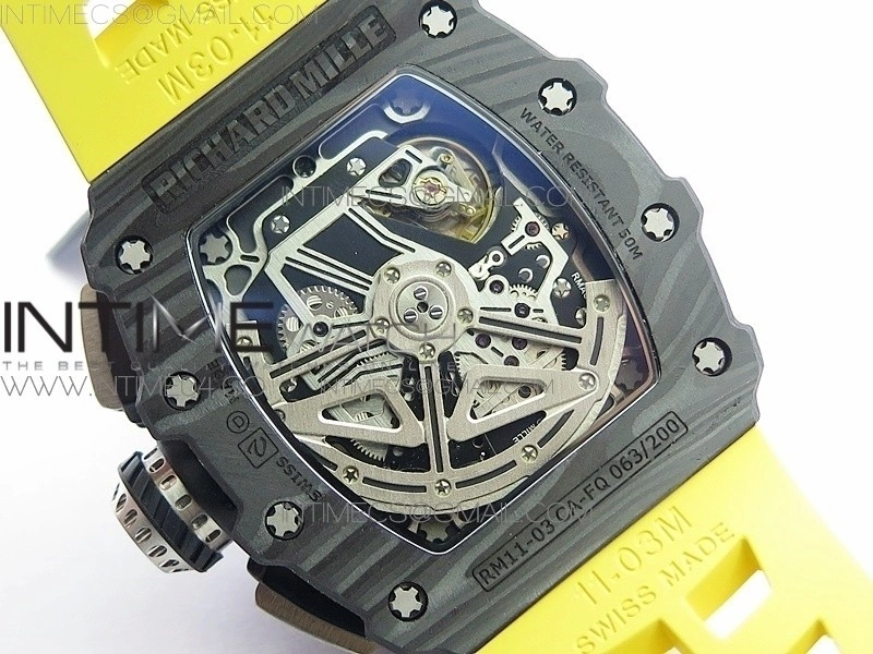 RM011 Carbon Case Chrono KVF 1:1 Best Edition Crystal Skeleton Yellow Dial on Yellow Rubber Strap A7750