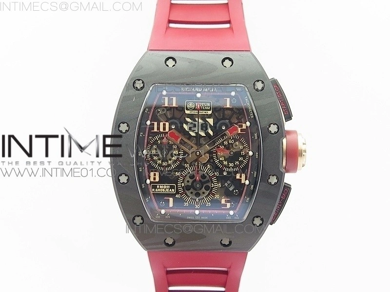 RM011 Carbon Case Chronograph KVF 1:1 Best Edition Carbon Bezel Skeleton Dial on Red Rubber Strap A7750
