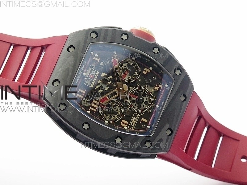 RM011 Carbon Case Chronograph KVF 1:1 Best Edition Carbon Bezel Skeleton Dial on Red Rubber Strap A7750