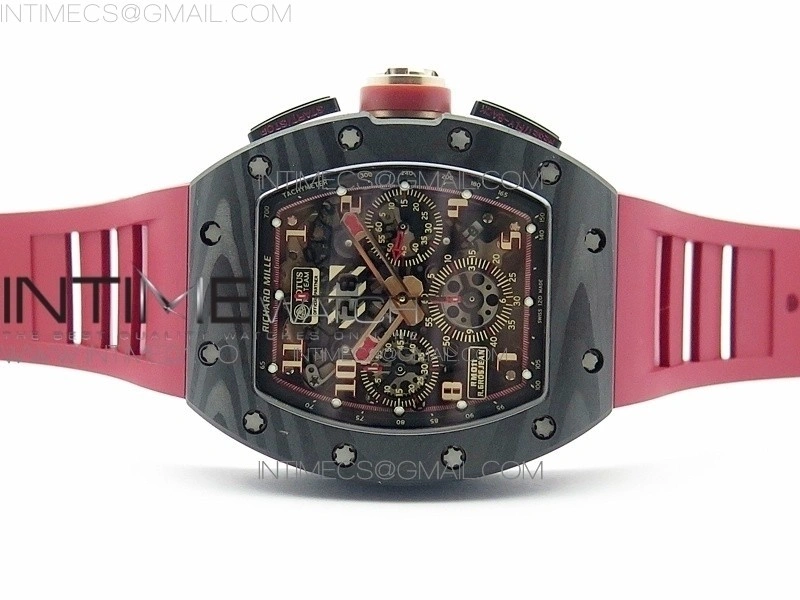 RM011 Carbon Case Chronograph KVF 1:1 Best Edition Carbon Bezel Skeleton Dial on Red Rubber Strap A7750