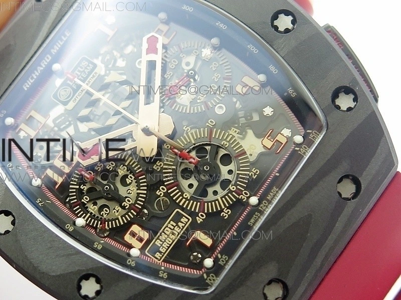 RM011 Carbon Case Chronograph KVF 1:1 Best Edition Carbon Bezel Skeleton Dial on Red Rubber Strap A7750