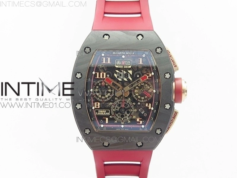 RM011 RG Case Chronograph KVF 1:1 Best Edition Carbon Bezel Skeleton Dial on Red Rubber Strap A7750