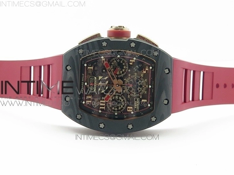 RM011 RG Case Chronograph KVF 1:1 Best Edition Carbon Bezel Skeleton Dial on Red Rubber Strap A7750