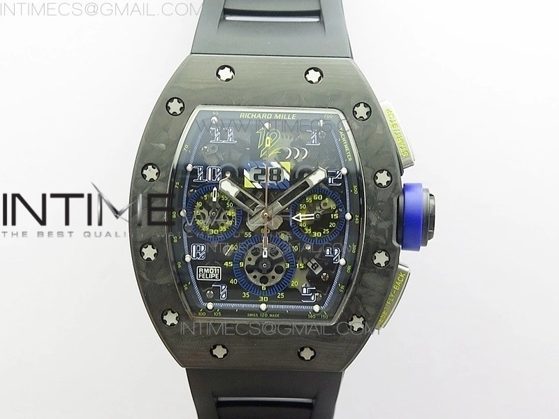 RM011 Titanium Case Carbon Bezel Chronograph KVF 1:1 Best Edition Skeleton Dial Blue Crown on Black Rubber Strap A7750