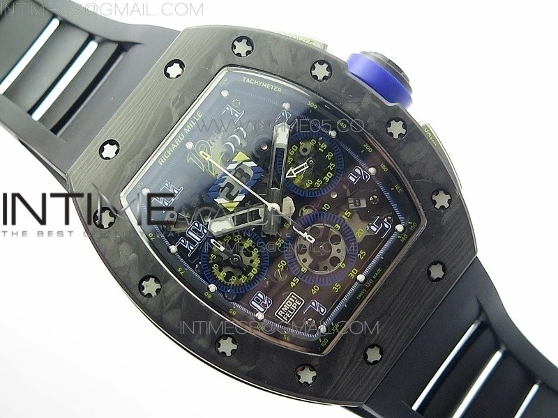 RM011 Titanium Case Carbon Bezel Chronograph KVF 1:1 Best Edition Skeleton Dial Blue Crown on Black Rubber Strap A7750
