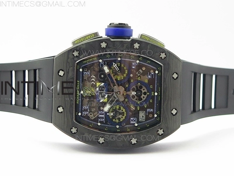 RM011 Titanium Case Carbon Bezel Chronograph KVF 1:1 Best Edition Skeleton Dial Blue Crown on Black Rubber Strap A7750