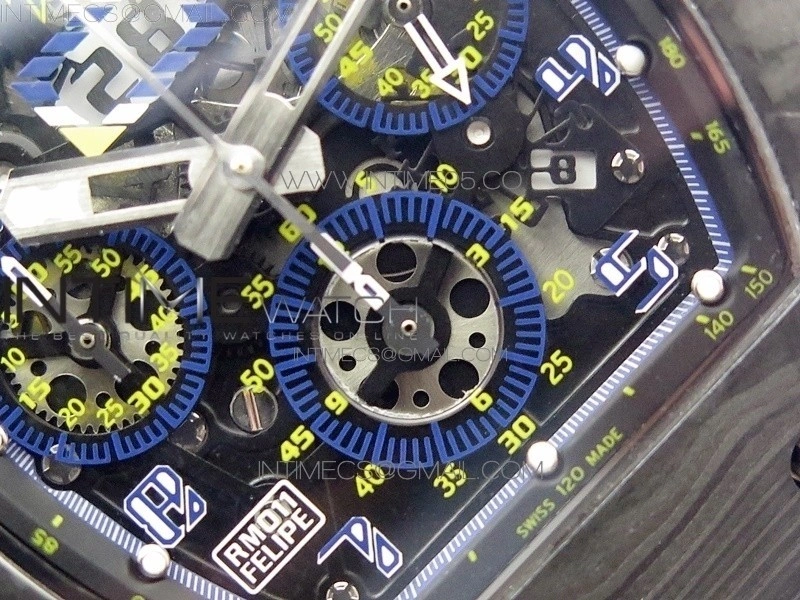RM011 Titanium Case Carbon Bezel Chronograph KVF 1:1 Best Edition Skeleton Dial Blue Crown on Black Rubber Strap A7750