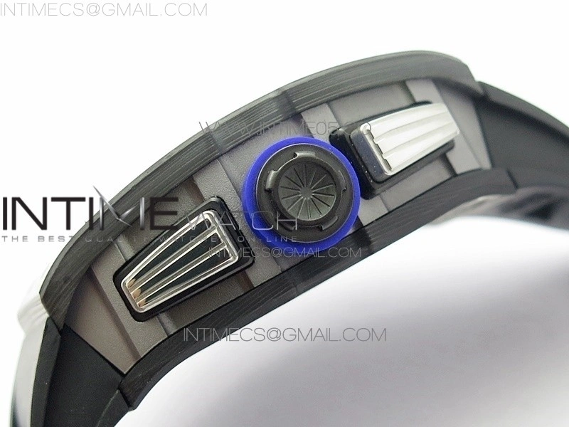 RM011 Titanium Case Carbon Bezel Chronograph KVF 1:1 Best Edition Skeleton Dial Blue Crown on Black Rubber Strap A7750