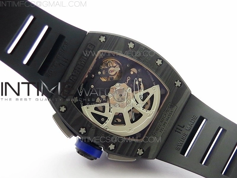 RM011 Titanium Case Carbon Bezel Chronograph KVF 1:1 Best Edition Skeleton Dial Blue Crown on Black Rubber Strap A7750