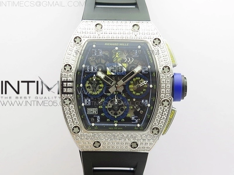 RM011 Titanium Case Diamonds Bezel Chronograph KVF 1:1 Best Edition Skeleton Dial Blue Crown on Black Rubber Strap A7750