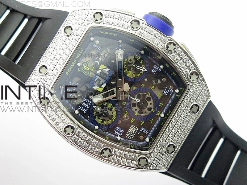 RM011 Titanium Case Diamonds Bezel Chronograph KVF 1:1 Best Edition Skeleton Dial Blue Crown on Black Rubber Strap A7750
