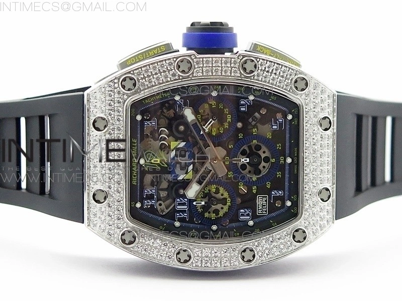 RM011 Titanium Case Diamonds Bezel Chronograph KVF 1:1 Best Edition Skeleton Dial Blue Crown on Black Rubber Strap A7750