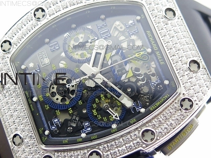 RM011 Titanium Case Diamonds Bezel Chronograph KVF 1:1 Best Edition Skeleton Dial Blue Crown on Black Rubber Strap A7750