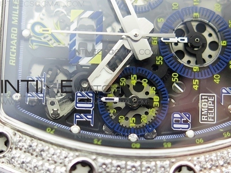 RM011 Titanium Case Diamonds Bezel Chronograph KVF 1:1 Best Edition Skeleton Dial Blue Crown on Black Rubber Strap A7750