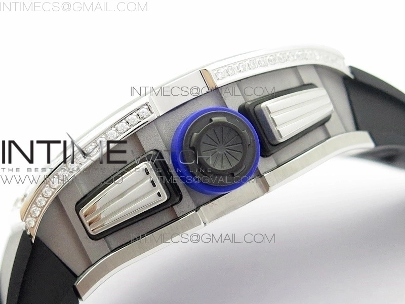 RM011 Titanium Case Diamonds Bezel Chronograph KVF 1:1 Best Edition Skeleton Dial Blue Crown on Black Rubber Strap A7750