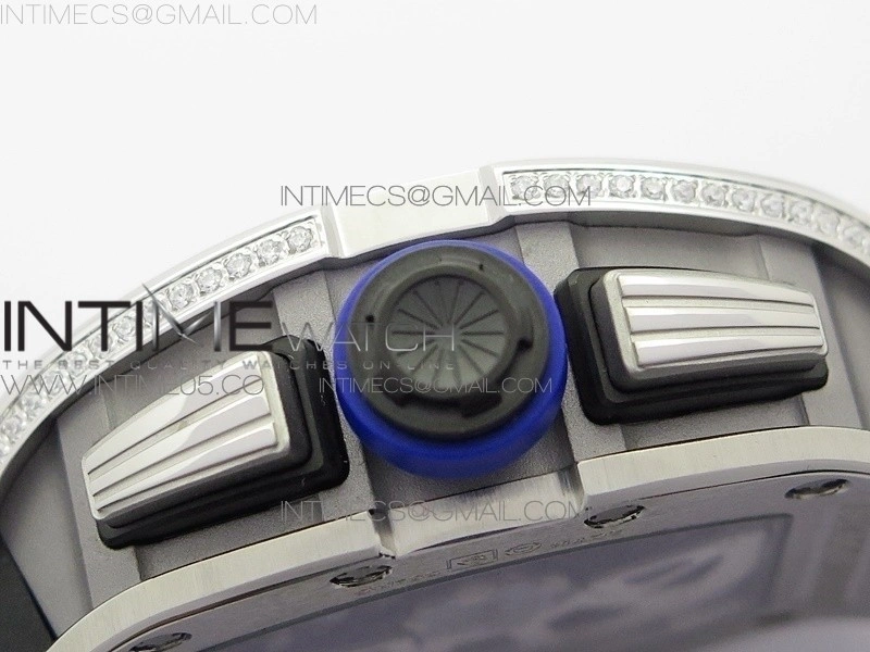 RM011 Titanium Case Diamonds Bezel Chronograph KVF 1:1 Best Edition Skeleton Dial Blue Crown on Black Rubber Strap A7750