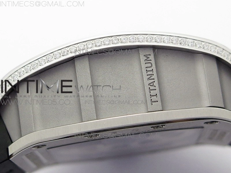 RM011 Titanium Case Diamonds Bezel Chronograph KVF 1:1 Best Edition Skeleton Dial Blue Crown on Black Rubber Strap A7750