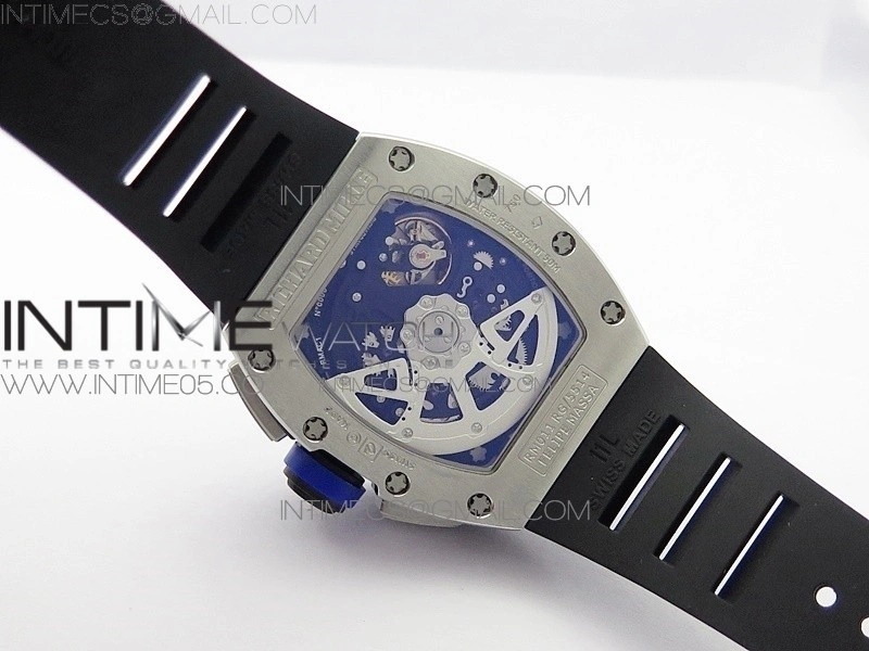 RM011 Titanium Case Diamonds Bezel Chronograph KVF 1:1 Best Edition Skeleton Dial Blue Crown on Black Rubber Strap A7750